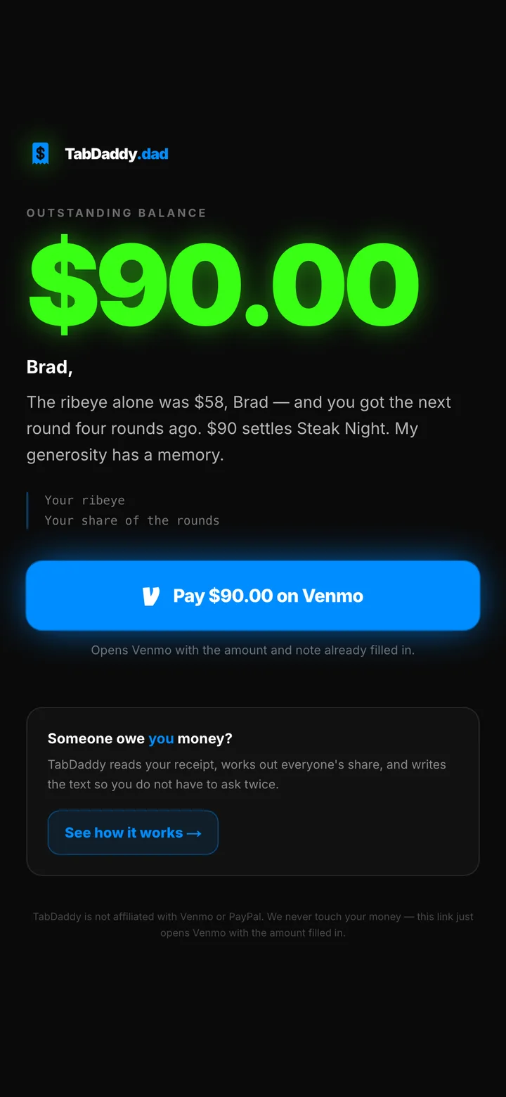 The payment page a friend receives: the amount they owe, the note, and a pay button that opens Venmo pre-filled