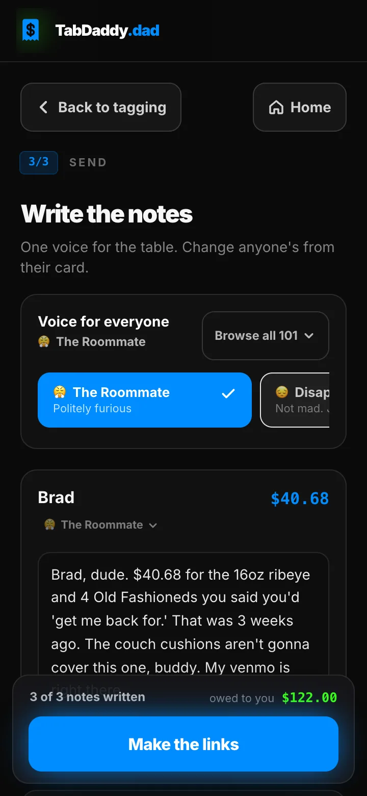 The send screen: an AI-written note in an editable box above the voice picker